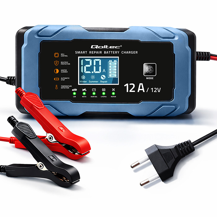 Qoltec Intelligent microprocessor charger 12V 12A | Rectifier with repair function | AGM GEL LiFePO4 | 9-stage charging