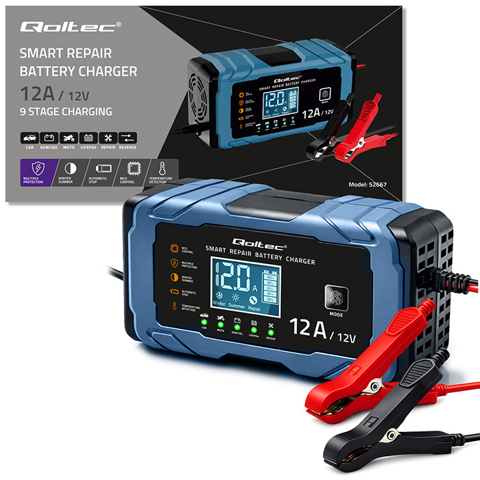 Qoltec Intelligent microprocessor charger 12V 12A | Rectifier with repair function | AGM GEL LiFePO4 | 9-stage charging