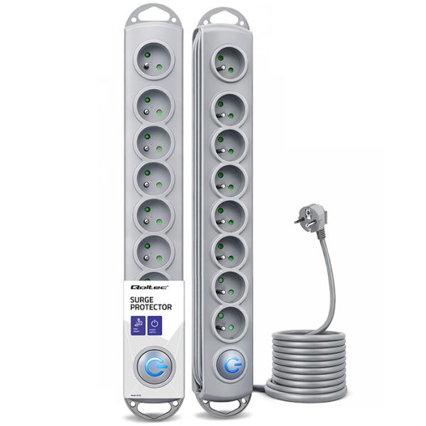 Qoltec Steckdosenleiste mit Überspannungsschutz 50168 | 3m | 8 Steckdosen | Grau