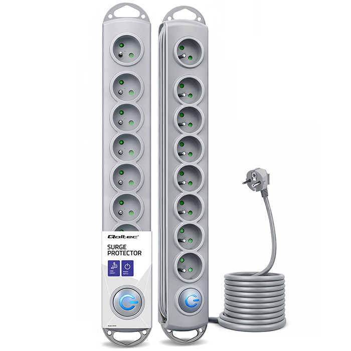 Qoltec Steckdosenleiste mit Überspannungsschutz 50168 | 3m | 8 Steckdosen | Grau