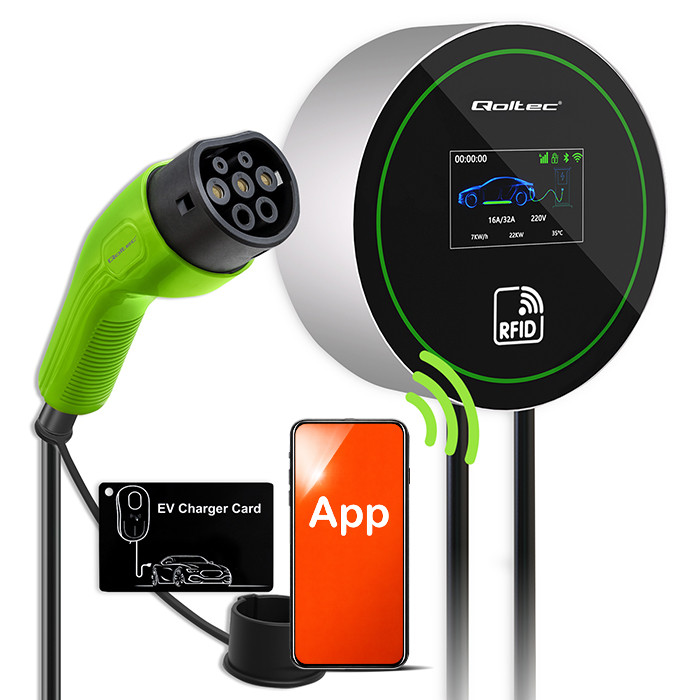 Qoltec EV Charging Station Type2 | 22kW | Wi-fi| LCD | RFID | 3 phases | Wallbox | 5m