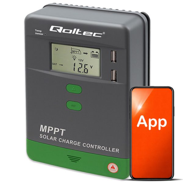 Qoltec Solarladeregler MPPT mit Temperatursensor 30A | 12V / 24V | LCD | 2 x USB | Bluetooth | APP | GEL | LiFePO4