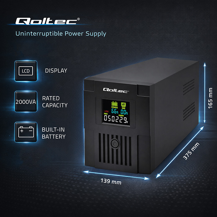 Qoltec Line-Interactive-USV Monolith 53771 | 2000VA | 1200W | LCD | USB | RJ45