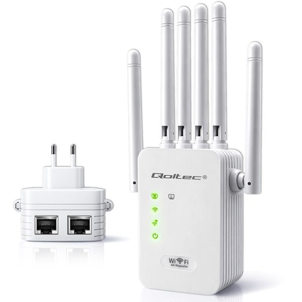 Qoltec WLAN-Signalverstärker | Repeater | Zugangspunkt | AX300 | 6 Antennen | 2x RJ45