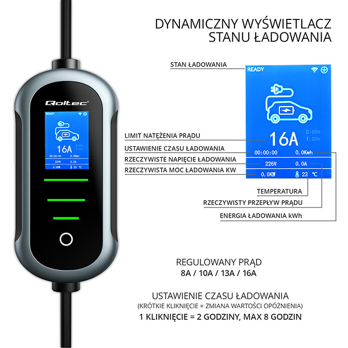 Qoltec Typ-2-EV-Ladegerät 52720 | 11kW | 400V | 16A | 5m | LCD