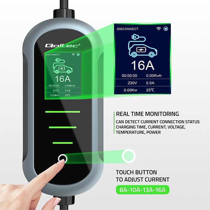 Qoltec Typ-2-EV-Ladegerät 52720 | 11kW | 400V | 16A | 5m | LCD