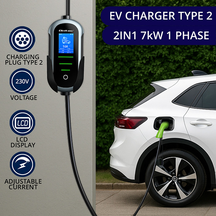 Qoltec Typ-2-EV-Ladegerät 52721 | 7kW | 230V | 32A | 5m | LCD