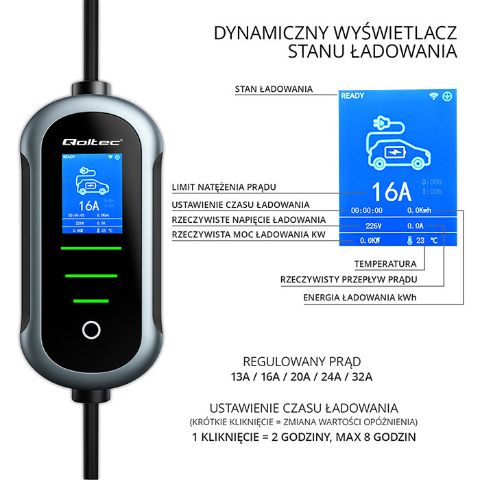 Qoltec Typ-2-EV-Ladegerät 52721 | 7kW | 230V | 32A | 5m | LCD