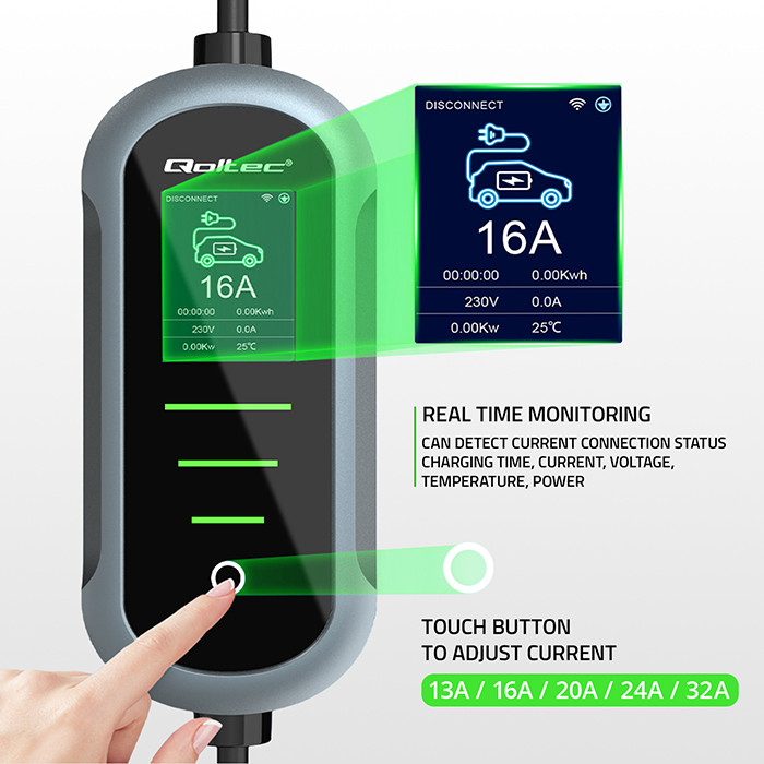 Qoltec Typ-2-EV-Ladegerät 52721 | 7kW | 230V | 32A | 5m | LCD