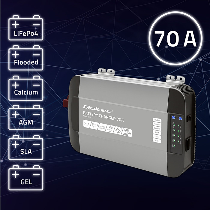Qoltec Smart Monolith charger for LiFePO4 AGM GEL SLA batteries | 70A | 12V | Fast charging