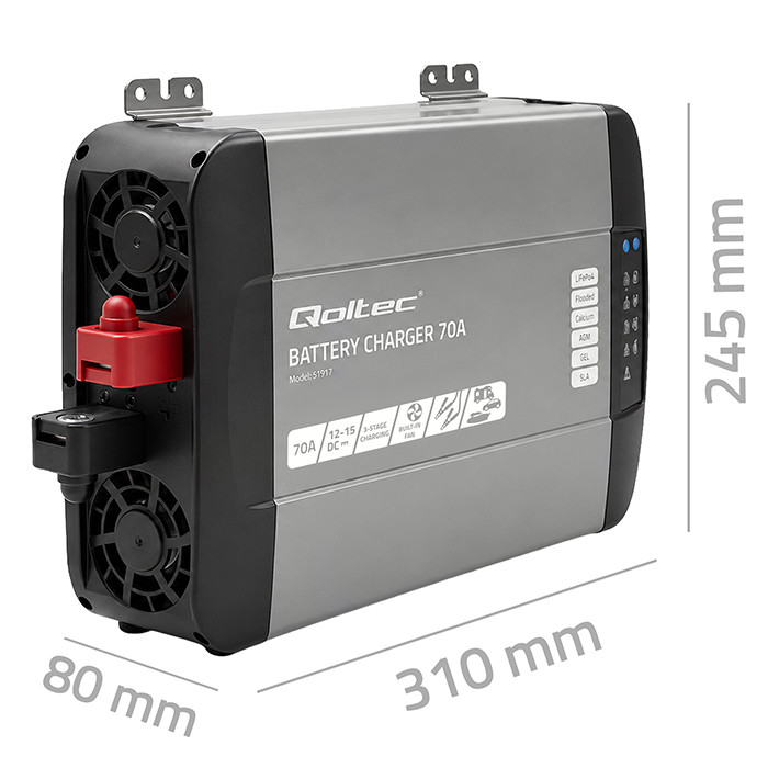Qoltec Smart Monolith charger for LiFePO4 AGM GEL SLA batteries | 70A | 12V | Fast charging