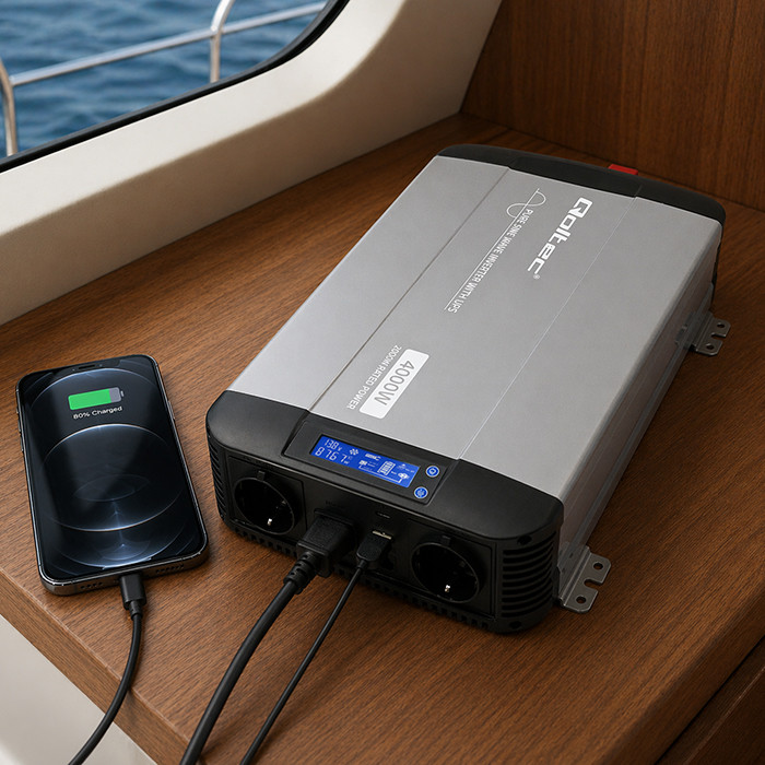 Qoltec Pure Sine Wave Inverter | 12V to 230V | 2000/4000W | UPS BYPASS | LCD | USB | USB-C | Compatible with LiFePO4 GEL AGM