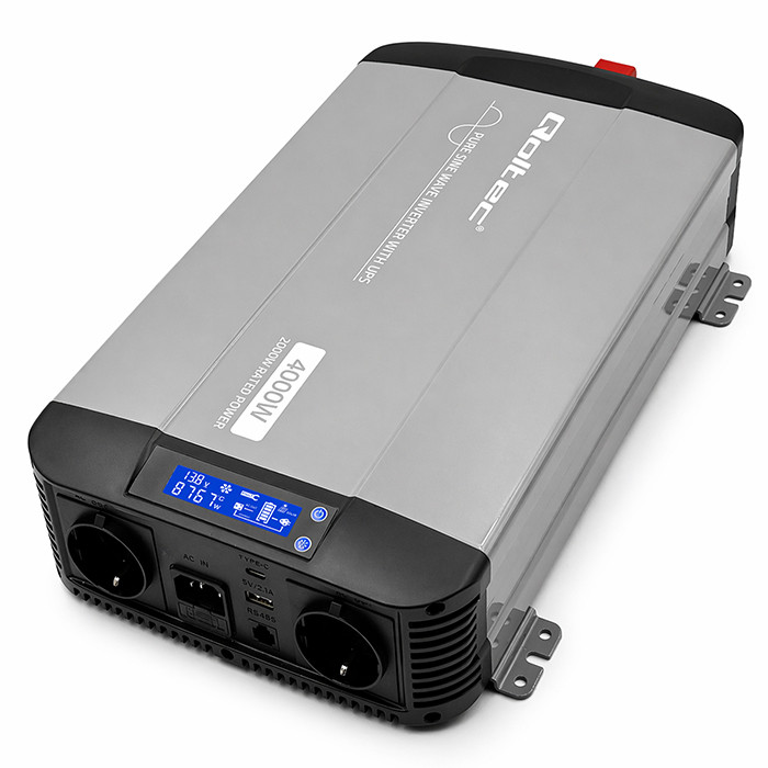 Qoltec Pure Sine Wave Inverter | 12V to 230V | 2000/4000W | UPS BYPASS | LCD | USB | USB-C | Compatible with LiFePO4 GEL AGM