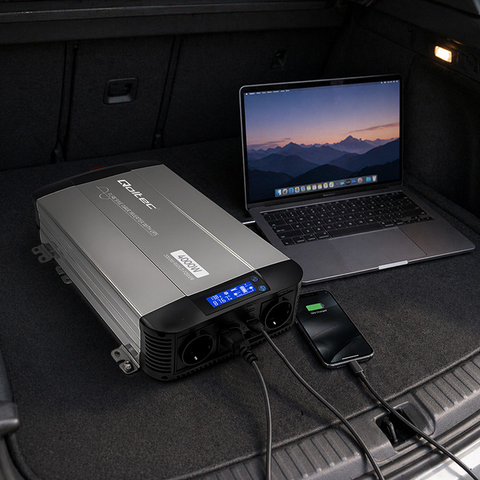 Qoltec Pure Sine Wave Inverter | 12V to 230V | 2000/4000W | UPS BYPASS | LCD | USB | USB-C | Compatible with LiFePO4 GEL AGM