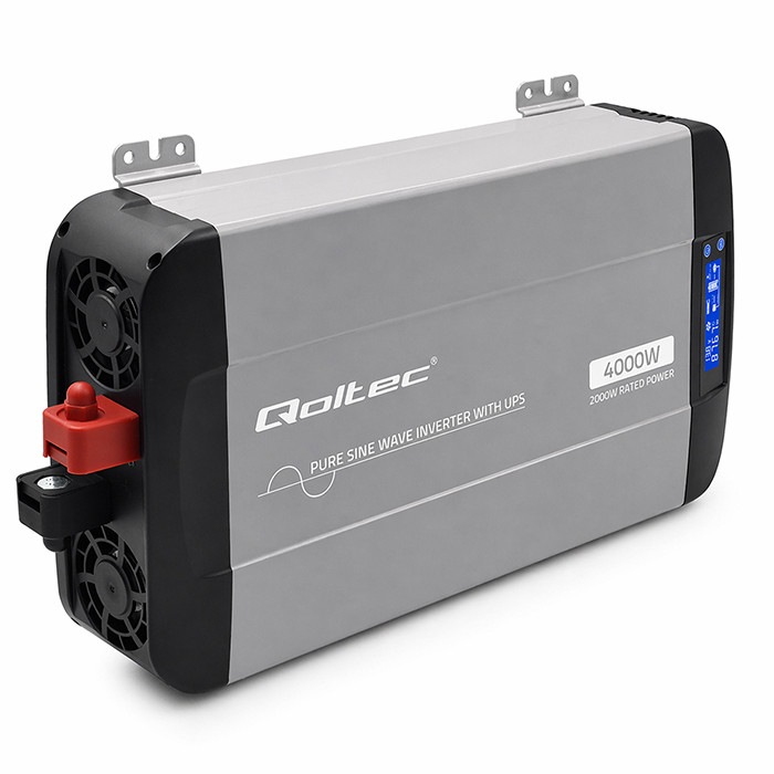 Qoltec Pure Sine Wave Inverter | 12V to 230V | 2000/4000W | UPS BYPASS | LCD | USB | USB-C | Compatible with LiFePO4 GEL AGM