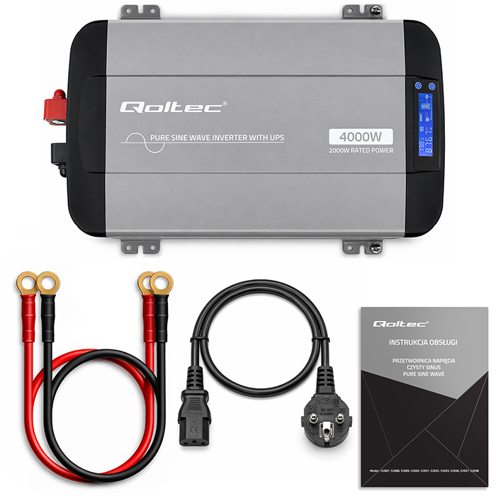 Qoltec Pure Sine Wave Inverter | 12V to 230V | 2000/4000W | UPS BYPASS | LCD | USB | USB-C | Compatible with LiFePO4 GEL AGM