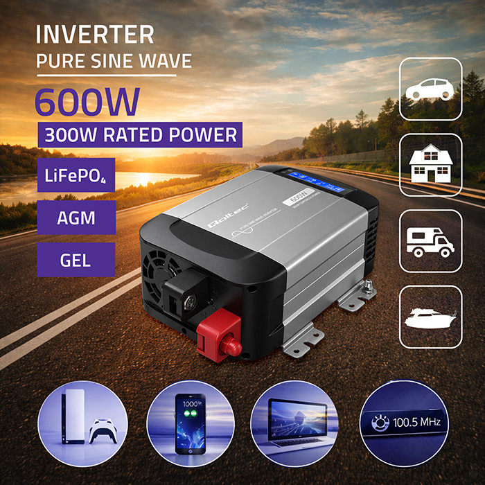 Qoltec Reiner-Sinus-Wechselrichter 52687 | 12V | 230V | 600W | 300/600W | LCD | USB