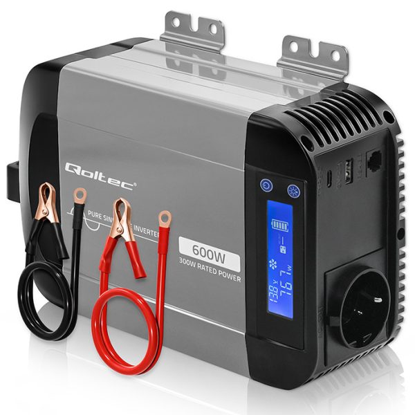 Qoltec Reiner-Sinus-Wechselrichter 52687 | 12V | 230V | 600W | 300/600W | LCD | USB