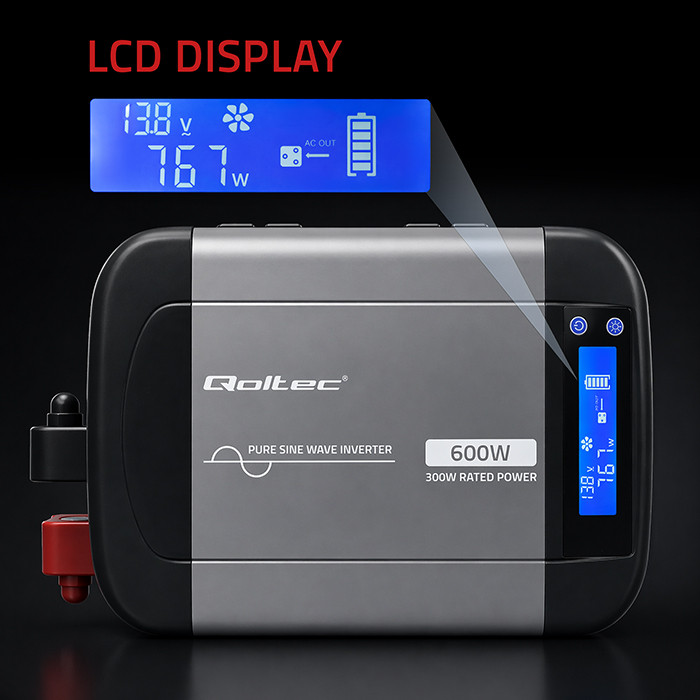 Qoltec Reiner-Sinus-Wechselrichter 52687 | 12V | 230V | 600W | 300/600W | LCD | USB