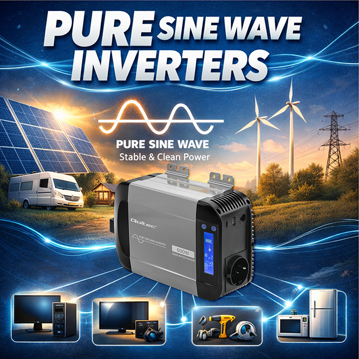 Qoltec Reiner-Sinus-Wechselrichter 52687 | 12V | 230V | 600W | 300/600W | LCD | USB