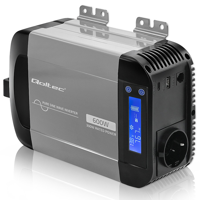 Qoltec Reiner-Sinus-Wechselrichter 52687 | 12V | 230V | 600W | 300/600W | LCD | USB