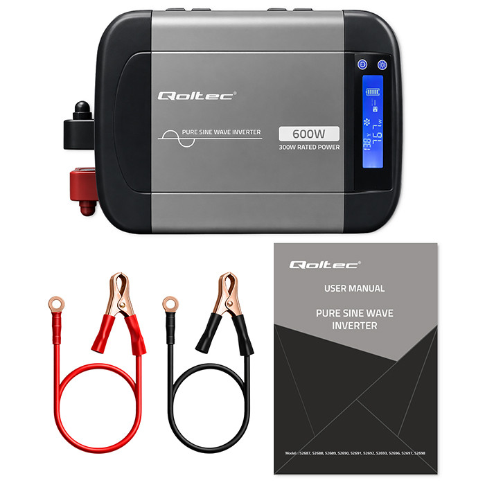 Qoltec Reiner-Sinus-Wechselrichter 52687 | 12V | 230V | 600W | 300/600W | LCD | USB