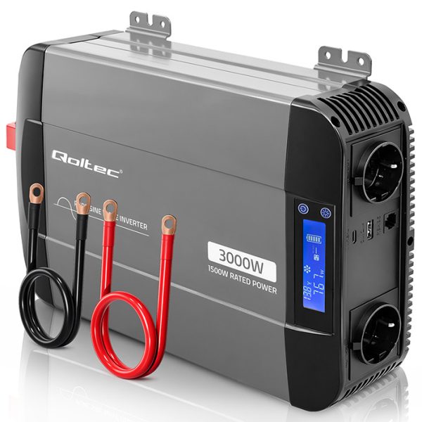 Qoltec Reiner-Sinus-Wechselrichter 52690 | 12V | 230V | 3000W | 1500/3000W | LCD | USB