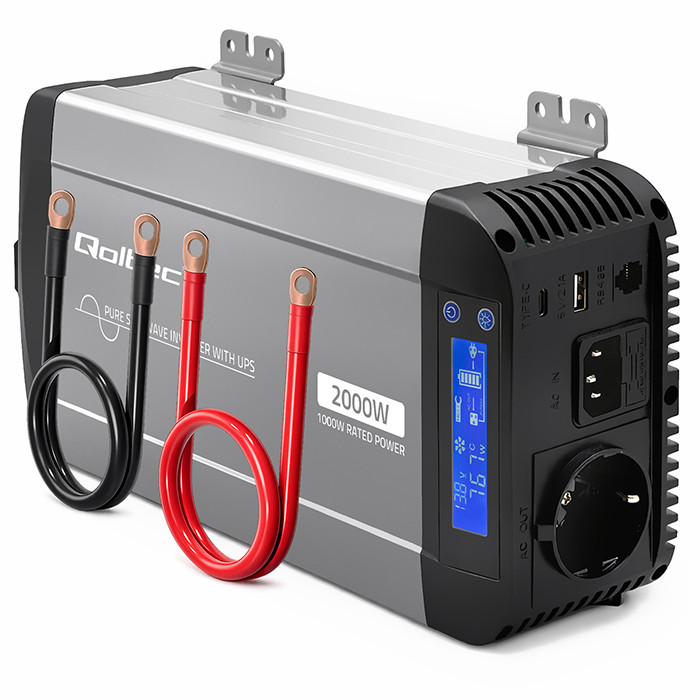 Qoltec Pure Sine Wave Inverter | 12V to 230V | 1000/2000W | UPS BYPASS | LCD | USB | USB-C | Compatible with LiFePO4 GEL AGM