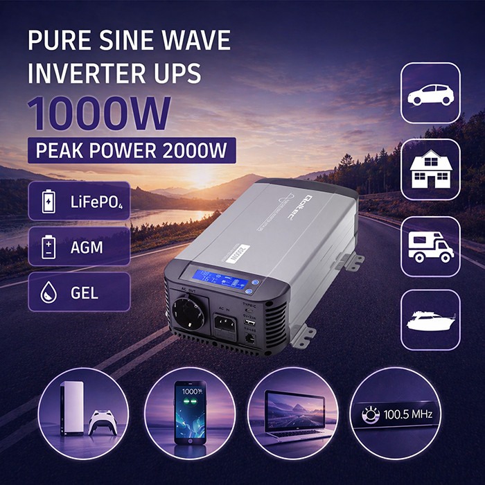 Qoltec Pure Sine Wave Inverter | 12V to 230V | 1000/2000W | UPS BYPASS | LCD | USB | USB-C | Compatible with LiFePO4 GEL AGM