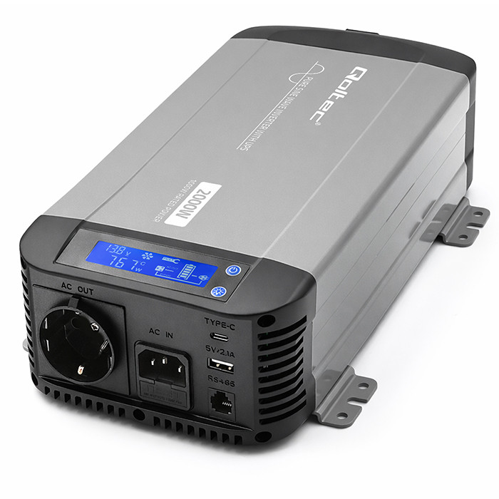 Qoltec Pure Sine Wave Inverter | 12V to 230V | 1000/2000W | UPS BYPASS | LCD | USB | USB-C | Compatible with LiFePO4 GEL AGM