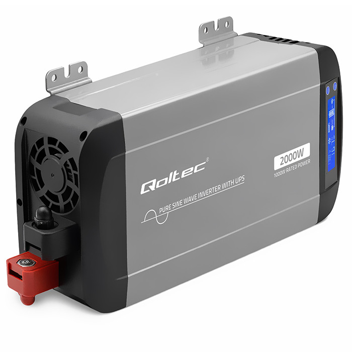 Qoltec Pure Sine Wave Inverter | 12V to 230V | 1000/2000W | UPS BYPASS | LCD | USB | USB-C | Compatible with LiFePO4 GEL AGM