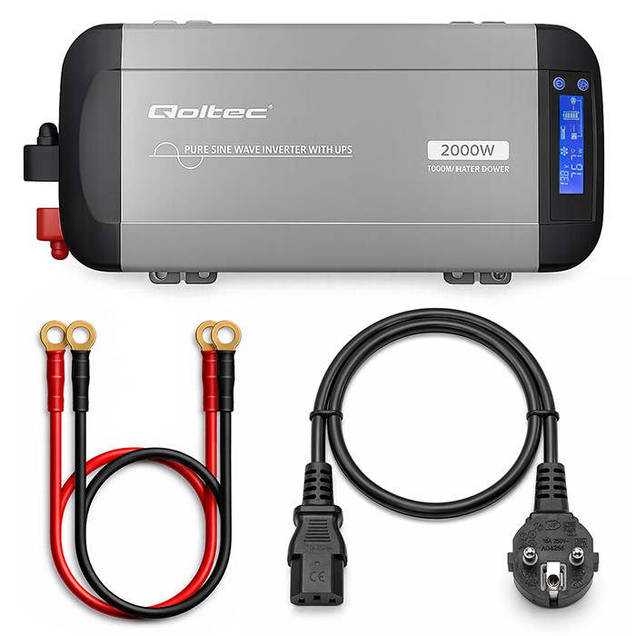 Qoltec Pure Sine Wave Inverter | 12V to 230V | 1000/2000W | UPS BYPASS | LCD | USB | USB-C | Compatible with LiFePO4 GEL AGM