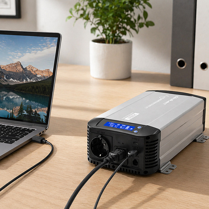 Qoltec Pure Sine Wave Inverter | 12V to 230V | 1000/2000W | UPS BYPASS | LCD | USB | USB-C | Compatible with LiFePO4 GEL AGM