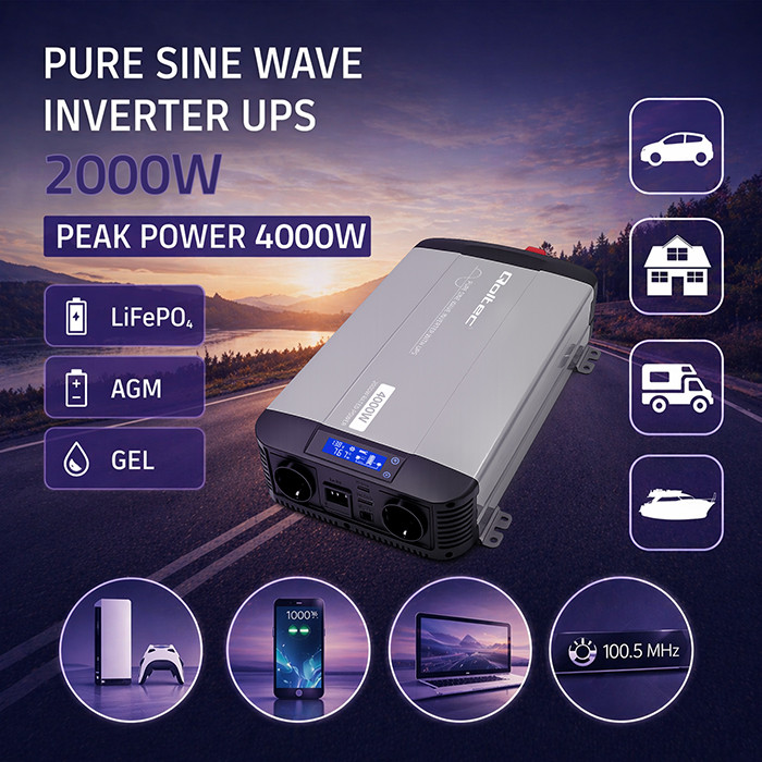 Qoltec Pure Sine Wave Inverter | 12V to 230V | 2000/4000W | UPS BYPASS | LCD | USB | USB-C | Compatible with LiFePO4 GEL AGM