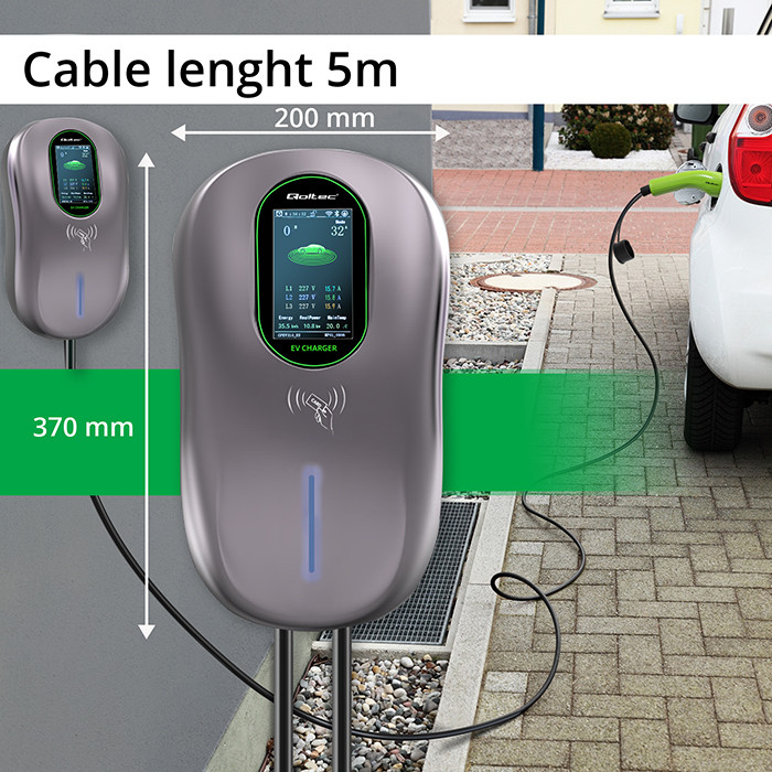Qoltec EV Charging Station Type2 | 22kW | LCD | 2 EV cards | 3 phases | Wallbox | 5m