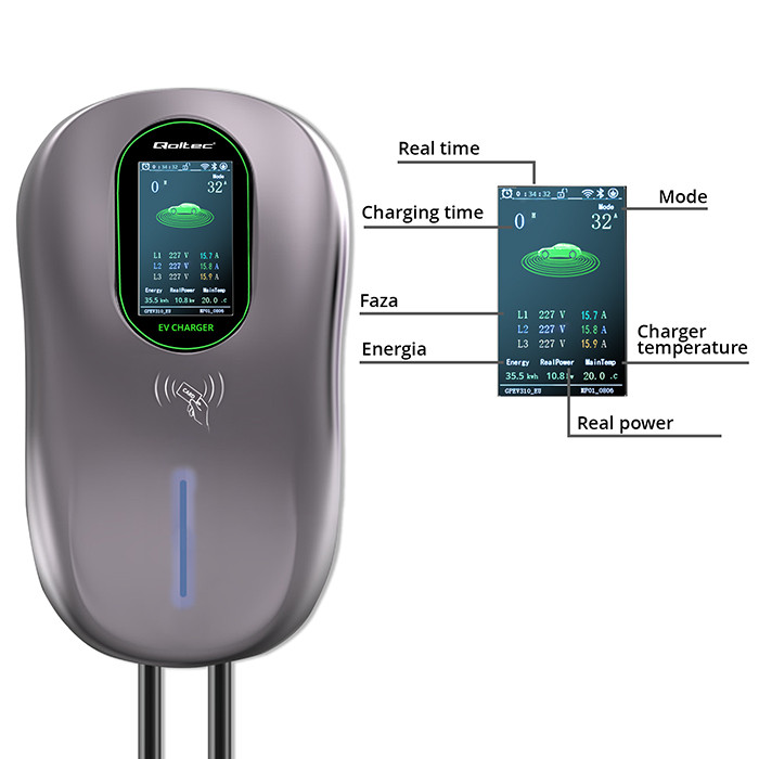 Qoltec EV Charging Station Type2 | 22kW | LCD | 2 EV cards | 3 phases | Wallbox | 5m