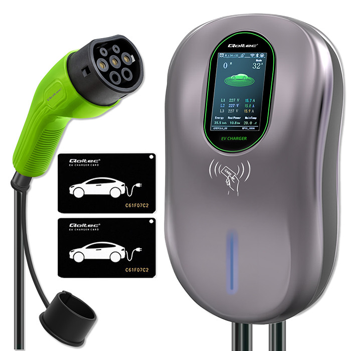 Qoltec EV Charging Station Type2 | 22kW | LCD | 2 EV cards | 3 phases | Wallbox | 5m
