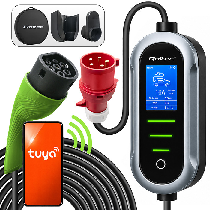 Qoltec Mobile EV Electric Car Charger with 2in1 Type 2 Adjustment | 11kW | 400V | CEE 32A | Wifi | TUYA | SMART LIFE | LCD | Portable | 5m