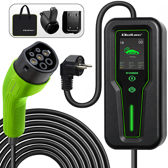 Qoltec Typ-2-EV-Ladegerät 52465 | 3.5kW | 230V | 16A | 5m | SCHUKO 16A | LCD