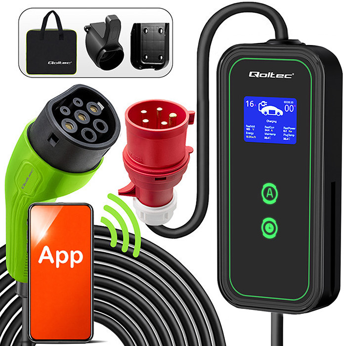 Qoltec Mobile EV charger with adjustable 2in1 Type2 | 7kW | 230V | CEE 32A | Wi-fi | LCD | Portable | Wallbox | 5m