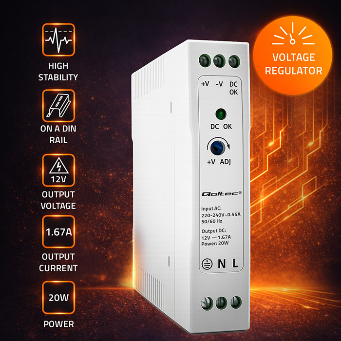 Qoltec DIN-Schienen-Netzteil 50908 | 20W | 12V | 1.67A | Weiß