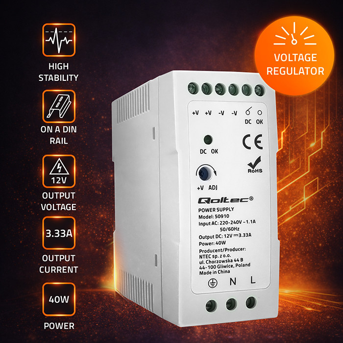 Qoltec DIN-Schienen-Netzteil 50910 | 40W | 12V | 3.33A | Weiß