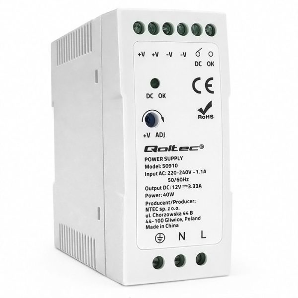 Qoltec DIN-Schienen-Netzteil 50910 | 40W | 12V | 3.33A | Weiß