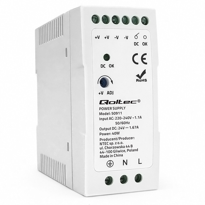 Qoltec DIN-Schienen-Netzteil 50911 | 40W | 24V | 1.67A | Weiß