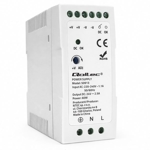 Qoltec DIN-Schienen-Netzteil 50913 | 60W | 24V | 2.5A | Weiß