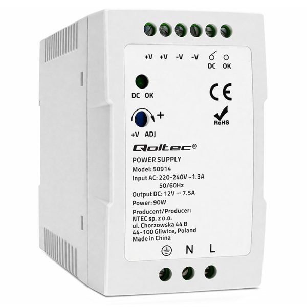 Qoltec DIN-Schienen-Netzteil 50914 | 90W | 12V | 7.5A | Weiß