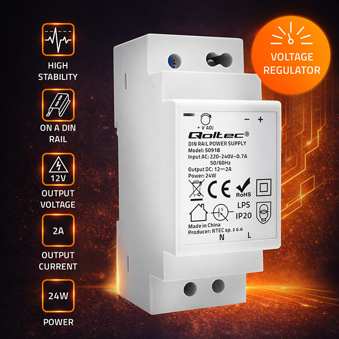 Qoltec DIN-Schienen-Netzteil 50918 | 24W | 12V | 2A | Weiß