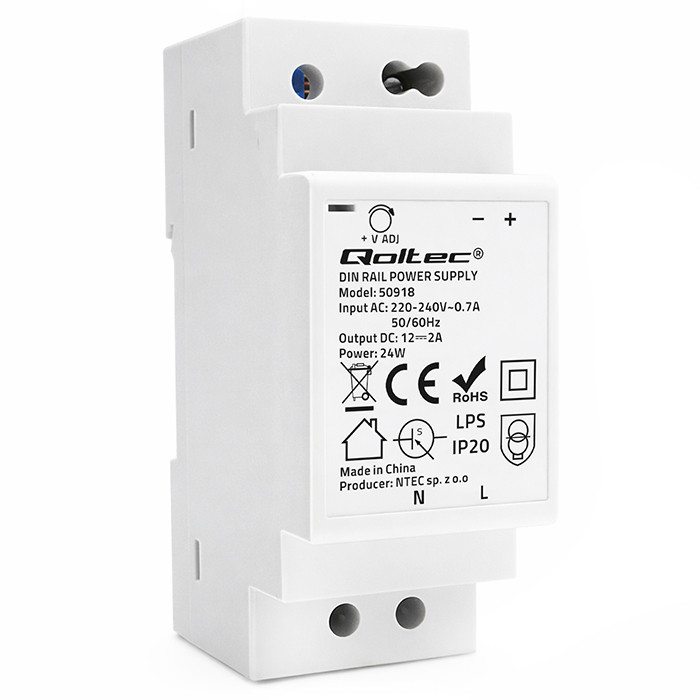 Qoltec DIN-Schienen-Netzteil 50918 | 24W | 12V | 2A | Weiß