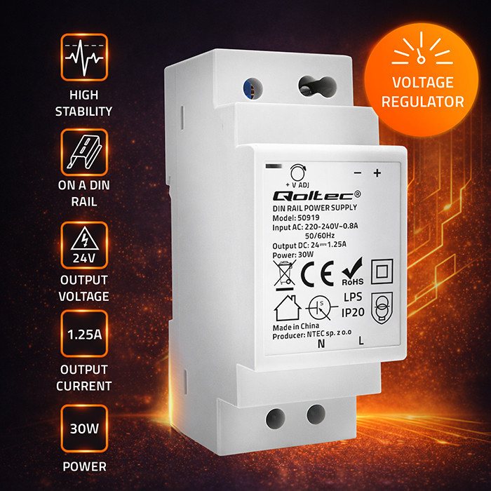 Qoltec DIN-Schienen-Netzteil 50919 | 30W | 24V | 1.25A | Grau