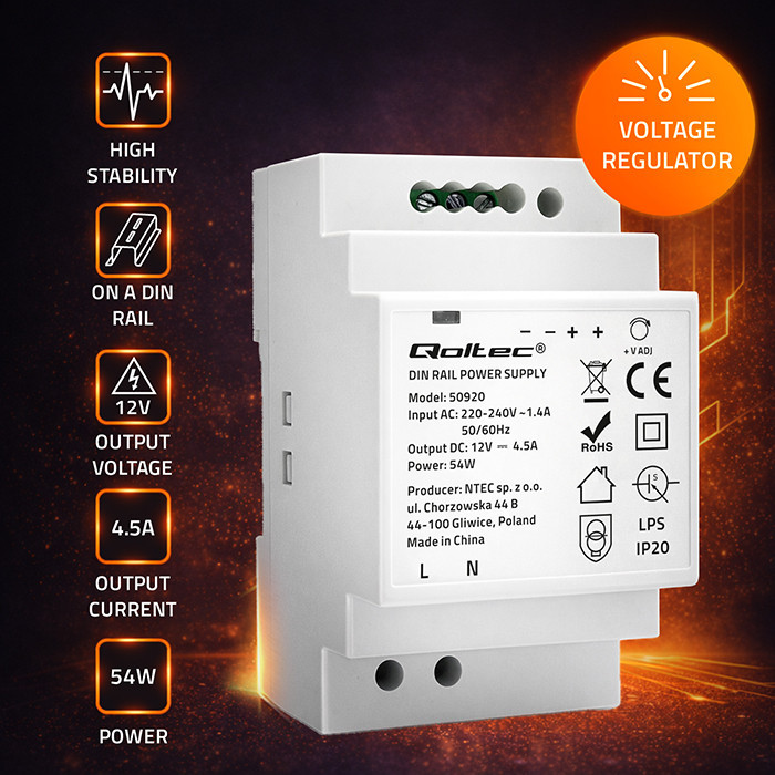 Qoltec DIN-Schienen-Netzteil 50920 | 54W | 12V | 4.5A | Grau